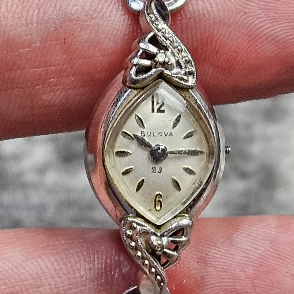 Bulova 10k Gold Plate Tiny Diamond  Silver Women's Watch Vintage